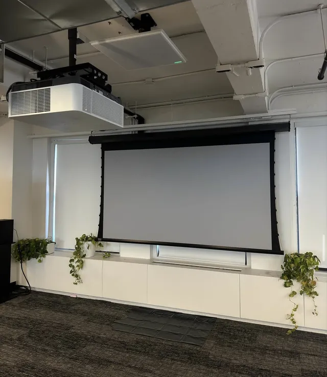 Ceiling-mounted projector and retractable tensioned projection screen